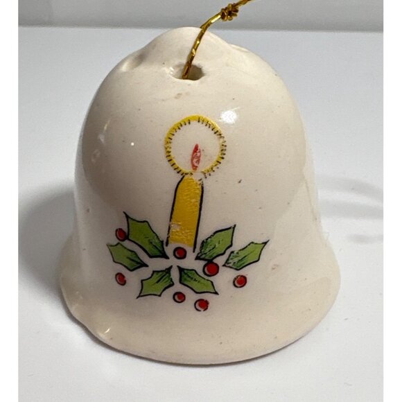Ceramic Christmas Bell Ornament Miniature Candle & Holly Vintage 1.75" Tall - Picture 3 of 6